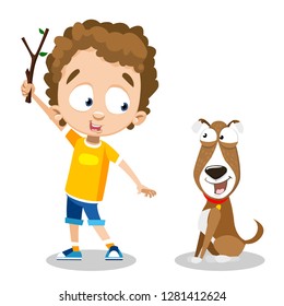 Cartoon süßer Junge wirft Stock für Hund. Happy Hund läuft, um Stock zurück auf der Vektorgrafik der Besitzer. Fun-and-walk-Konzept. Einzeln auf weißem Hintergrund