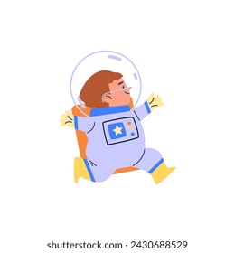 Cartoon cute boy wearing astronaut costume vector flat illustration. Funny flying cosmonaut kid, spaceman in glasses isolated on white. Childish spacesuit outfit with helmet