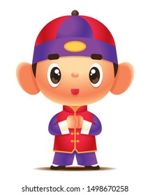 Cartoon cute boy wearing traditional chinese jacket wishes happy chinese new year - vector mascot character