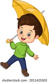 Cartoon cute boy with yellow umbrella