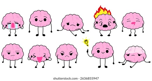 Cartoon cute brain with face set. Depression, antidepressants, serotonin, burnout, dementia. Brain character with emotions. Internal human organs. Vector illustration isolated on white background.