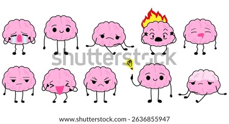 Cartoon cute brain with face set. Depression, antidepressants, serotonin, burnout, dementia. Brain character with emotions. Internal human organs. Vector illustration isolated on white background.
