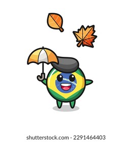 cartoon of the cute brazil flag badge holding an umbrella in autumn , cute style design for t shirt, sticker, logo element