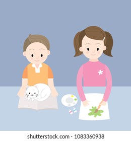 Cartoon cute brethren, Brother is reading  book with him cat and sister is painting watercolor on paper vector.