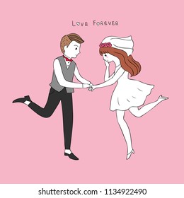 Cartoon cute bridegroom wears the bride's ring vector.