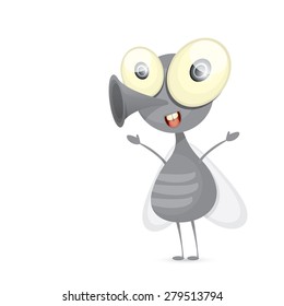 cartoon cute bright fly insect with big googly eyes and a protruding proboscis. vector illustration.