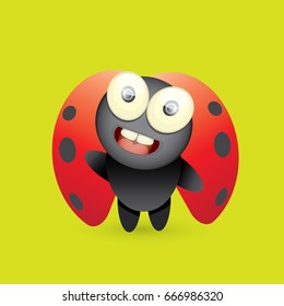 cartoon cute bright ladybug on green grass background. vector illustration.