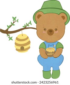 Cartoon cute brown bear holding a jar of honey There's a honeycomb behind it.