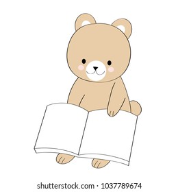 Cartoon cute brown bear reading book vector.