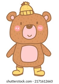 cartoon cute brown bear wearing a winter hat and yellow shoes
