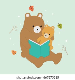 Cartoon cute brown bears mother and baby reading tale in spring background vector.