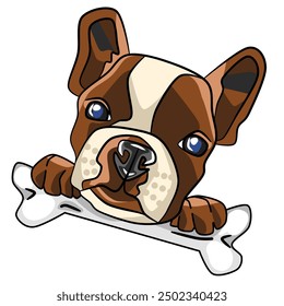 a cartoon cute brown dog holding a bone