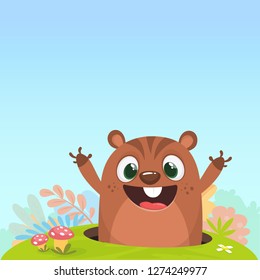 Cartoon cute brown groundhog or marmot or woodchuck in major hat waving his hands. Vector illustration. Groundhog day. 