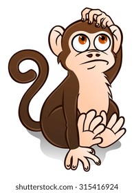 Cartoon cute brown monkey musingly scratches head. 