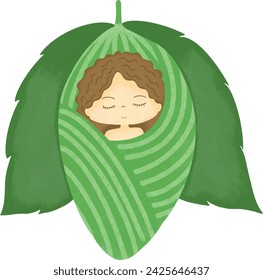 Cartoon cute brown-haired woman in a chrysalis.	