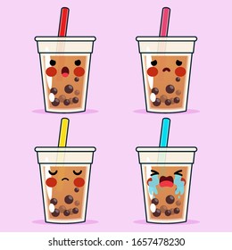 Cartoon Cute Bubble Tea Or Pearl Tea Emoticon Avatar Face Negative Emotions Set Stock Vector