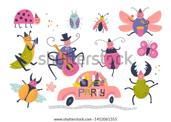 Cartoon\
cute bugs set. Vector illustration with funny beetles dancing and\
playing musical instruments, text Party. Character insects\
collection for kids design, poster, card, web.\
