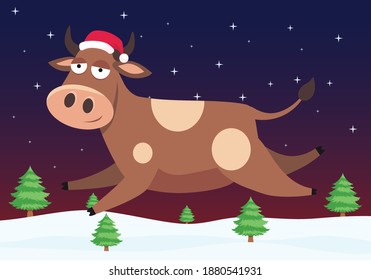 Cartoon cute bull in santa hat. Year of the bull. New Year card of a cute bull in a hat, snow and trees. Chinese new year of ox 2021 zodiac