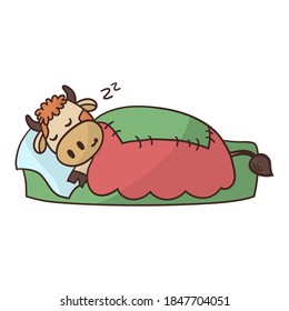 Cartoon cute bull is sleeping sweetly in bed under a warm blanket. Symbol of the year 2021. Vector illustration