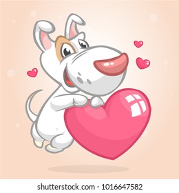Cartoon cute bull-terier puppy holding a heart love. Vector illustration for St Valentines Day. Isolated