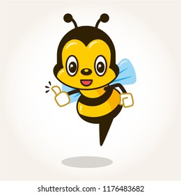 Cartoon cute bumble bee with thumb up. Flying bee giving thumb good vector illustration isolated.