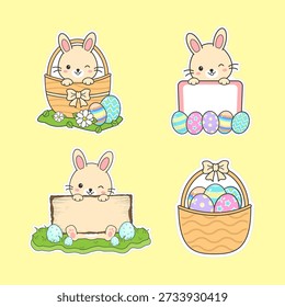 Cartoon Cute Bunny with Easter Egg and Basket Illustration Collection, Perfect for Easter decorations, greeting cards, or graphic designs.