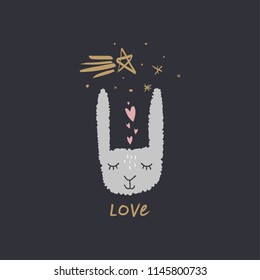 Cartoon cute bunny face, love sign, romantic atmosphere. Scandinavian style, unique print for nursery posters, Valentine cards, mugs, clothes and other. Vector Illustration, clipart.