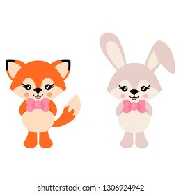 cartoon cute bunny and fox with tie vector