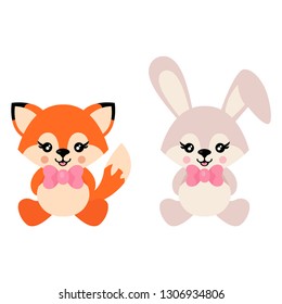 cartoon cute bunny and fox with tie sits vector