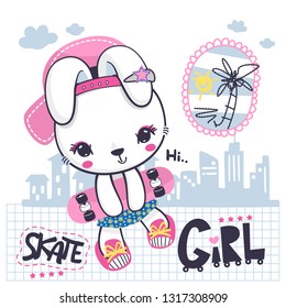 Cartoon cute bunny girl holding skateboard in city on white background illustration vector.