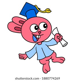 cartoon cute bunny graduating university student, doodle icon image. cartoon caharacter cute doodle draw