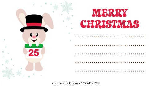 cartoon cute bunny with hat and christmas calendar on the christmas card