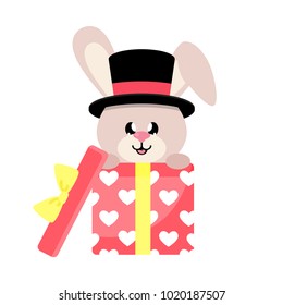 cartoon cute bunny in hat sitting gift