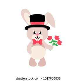cartoon cute bunny in hat and tie with flowers