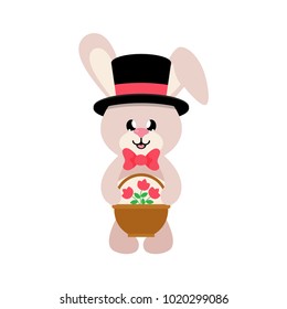 cartoon cute bunny in hat and tie with basket flowers