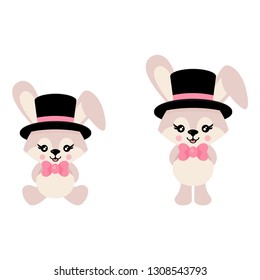cartoon cute bunny with hat and tie set vector