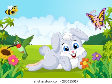 Cartoon cute bunny in the jungle