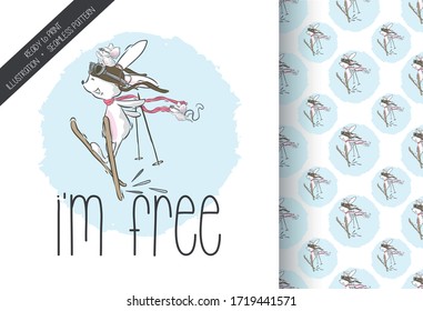 Cartoon cute bunny on ski illustration for kids