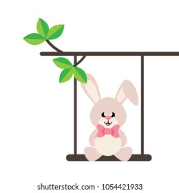 cartoon cute bunny on a swing and on a branch