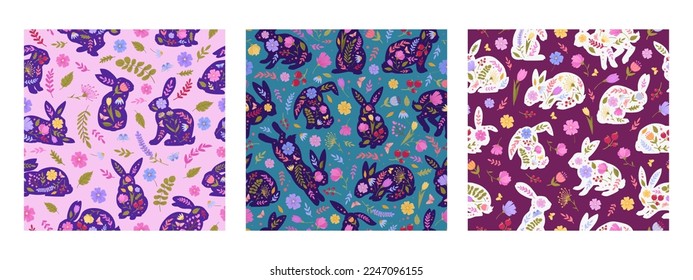 Cartoon cute bunny patterns. Easter rabbits, floral decorative hare flat seamless vector background illustrations. Rabbits pattern endless design