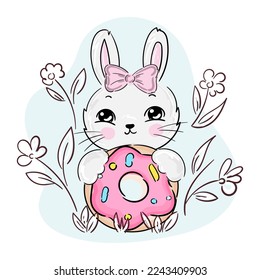Cartoon cute Bunny print with pink Donut