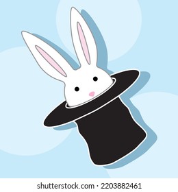 Cartoon cute bunny, rabbit peeking out of hat for kids and children. Hand drawn vector illustration on blue background. Circus collection. Design element. Template for design, books, stickers, cards.