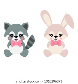 cartoon cute bunny sits and raccoon with tie vector