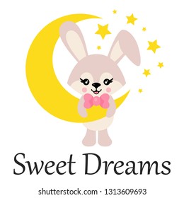cartoon cute bunny with tie on the moon and text