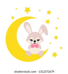 cartoon cute bunny with tie sits on the moon