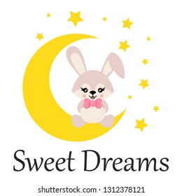 cartoon cute bunny with tie sits on the moon and text