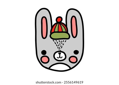 Cartoon cute bunny in a winter hat. Doodle Christmas hare. New Year's winter animal head vector illustration isolated on a white background.