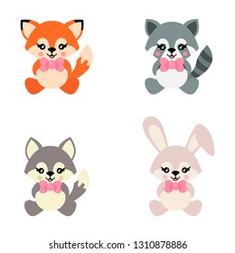 cartoon cute bunny and wolf and fox and raccoon sits