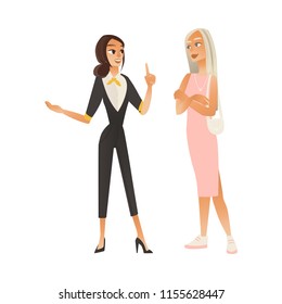 Cartoon cute business woman gesticulating at her work explaining to blonde female customer. Beautiful young girl in suit, office manager or bank consultant doing her job. Vector illustration