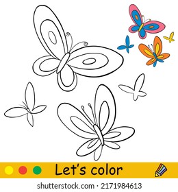 Cartoon cute butterfles. Coloring book page with colorful template for kids. Vector isolated illustration. For coloring book, print, game, party, design